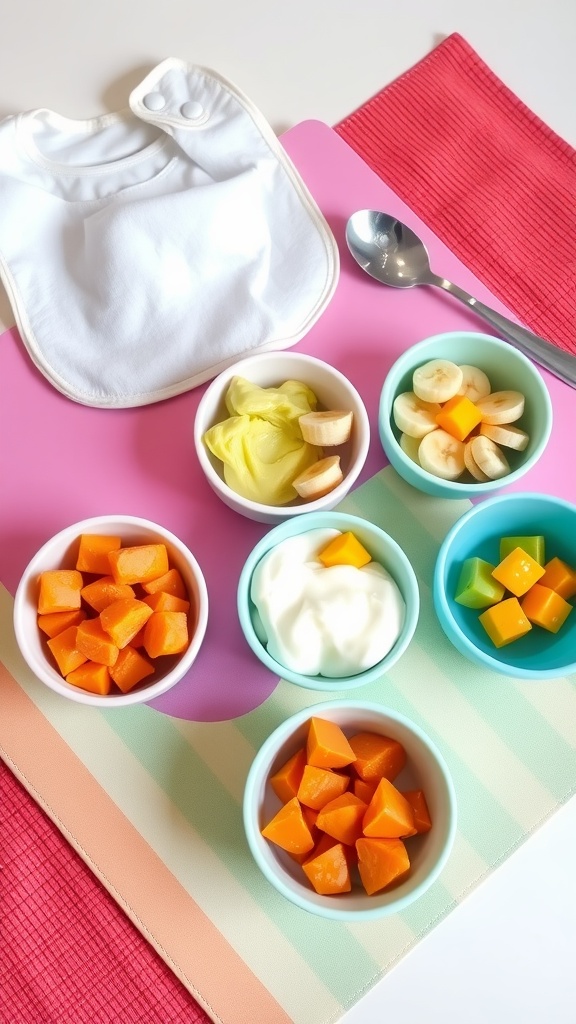 Nutrient-Packed Snack Ideas for 6-Month-Old Babies Healthy baby snacks including mashed fruits and vegetables on a colorful mat, ready for a 6-month-old.